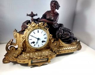 Antique French Japy Freres Gilt & Bronzed Figural Mantel Clock Serviced,
