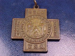 Antique Bronze Saw Spanish American War Veterans Medal Medallion Pendant Cross