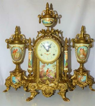 Vintage Franz Hermle French Sevres Style 8 Day Ormolu Clock Signed,  Garnitures.