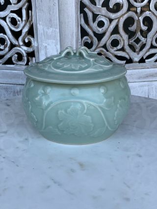 Vintage Chinese Peony Flower Celadon Bowl W/ Lid - Ginger Jar Longquan