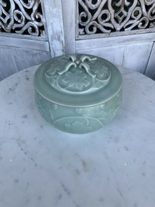Vintage Chinese Peony Flower Celadon Bowl w/ LID - Ginger Jar Longquan 2