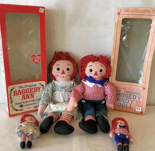 Vtg.  Knickerbocker Raggedy Ann & Andy Dolls In Boxes Plus Mini Versions
