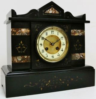 Antique French 8 Day Gong Striking Architectural Slate & Marble Mantel Clock