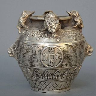 Collectable Miao Silver Carving Golden Toad & Dragon Exquisite Noble Storage Jar