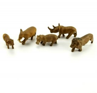 5 Vintage Carved Wood Miniature Animals Folk Art Figurines - Elephant/lion/rhino