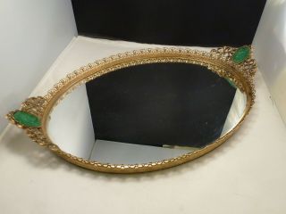 Vtg Stylebuilt Gilt Ormolu Filigree Jewelry Tray Faux Imperial Green Jade