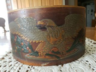 Antique Vintage Pressed & Bent Wood Drum Box American Eagle Berry Olive Branch