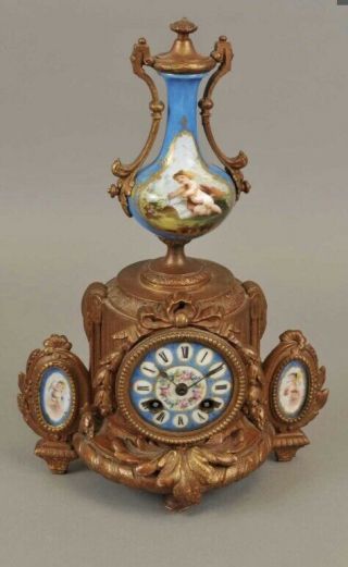 Antique French Rococo Gilt Metal Figural Striking Mantel Clock With Enamel Panel