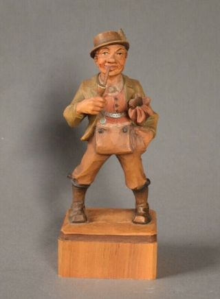 Antique 7 " Anri Carved Swiss Or German Alpine Man With A Pipe & Umbrella