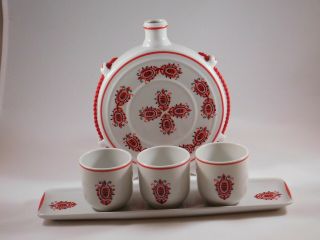 Vintage Hollohaza Hungary 1834 Hand Painted Porcelain Jug,  3 Cups,  And Tray Set