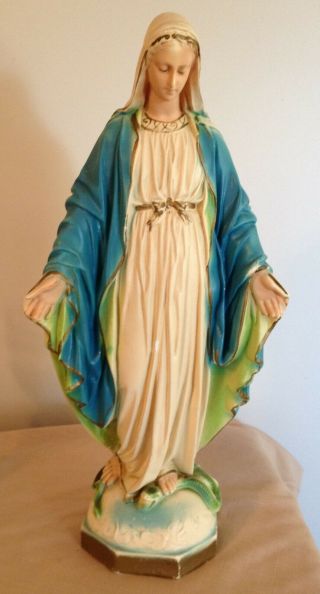 Vintage Chalkware 16 3/4 " Virgin Mary Madonna Figurine,  Foot On Serpent W/apple