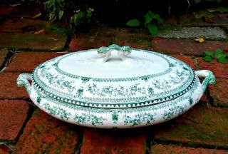 Antique Covered Vegetable Serving Dish John Maddock & Sons,  1880s Green And White