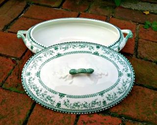 Antique Covered Vegetable Serving Dish John Maddock & Sons,  1880s Green and White 2