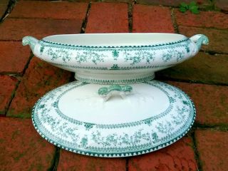 Antique Covered Vegetable Serving Dish John Maddock & Sons,  1880s Green and White 3
