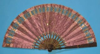 Fine Antique French Gold Engraved Carved Horn Paillettes Embroidered Silk Fan