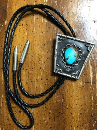 Vtg Sterling Silver Native American Bolo Tie Classic Navajo Old Pawn Turquoise