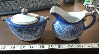Vintage Bombay Porcelain Sugar Bowl & Creamer.  Blue,  White Arabesque Tile
