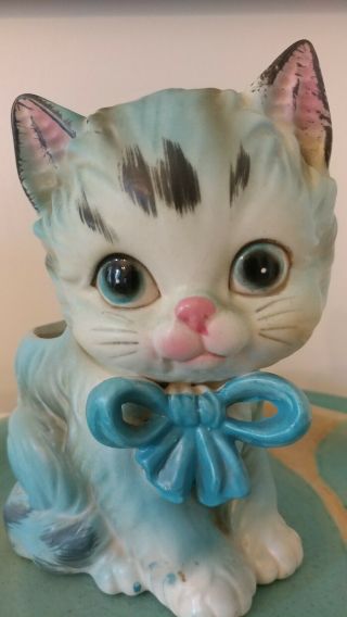 Vintage Lefton Blue Kitty Cat Kitten Planter W/ Sticker