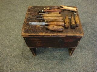 Antique Vintage Leather Shoe Saddle Cobblers Tools With Wood Tool Box Bench.