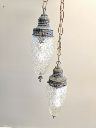 Vintage Double Hanging Glass Swag Lamp Light Cut Glass
