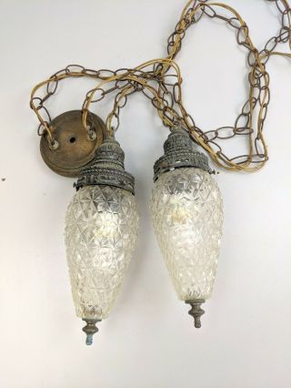 Vintage Double Hanging Glass Swag Lamp Light cut glass 2