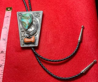 Vintage Bennett Native American Bolo Tie Sterlng Silver Turquoise Coral