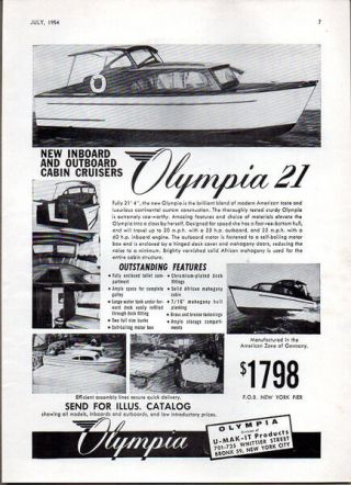 1954 Vintage Ad Olympia 21 Boats Division Of U - Mak - It Products Bronx,  Ny