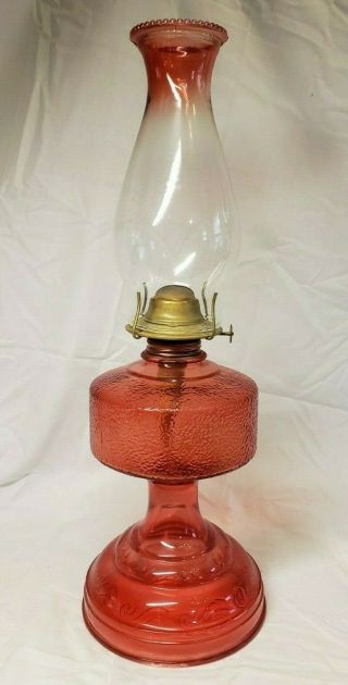 Antique Vintage Red Oil Kerosene Glass Lamp Eagle Burner Red Chimney