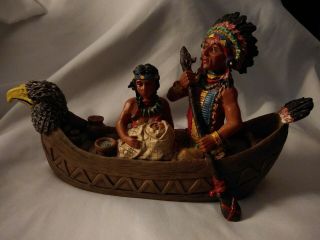Native American Indians In Canoe With Eagle Figurine Thanksgiving Decor Resin