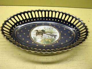 Vintage Imperial Peinte A La Main Tray / Bowl Cobalt Blue W/ Gold Trim Ducks