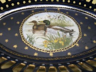 Vintage IMPERIAL PEINTE A LA MAIN Tray / Bowl Cobalt Blue w/ Gold Trim Ducks 2