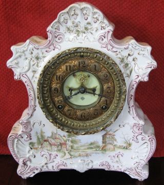 Antique Ansonia Open Escapement Porcelain 8 - Day Clock Gorgeous Cream/rose