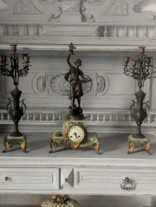 19th Century French Green Marble And Bronzed Spelter Mantel Clock Guillemin
