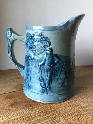 Indian Camp Ceramic Blue Salt Glaze Pitcher - Flemish Stoneware Pottery Repaired