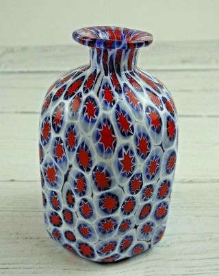 Red/white/blue Vintage Murano Millefiori Italian Art Glass Hexagon Bud Vase 4 "