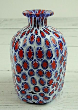 Red/White/Blue Vintage Murano Millefiori Italian Art Glass Hexagon Bud Vase 4 
