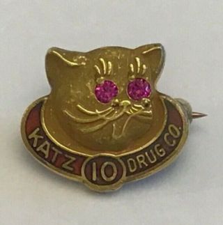 Vtg Marked 10k Gold Katz Drug Co 10 Year Awd Pin Cat With Ruby Eyes 2.  1g A4 - 65