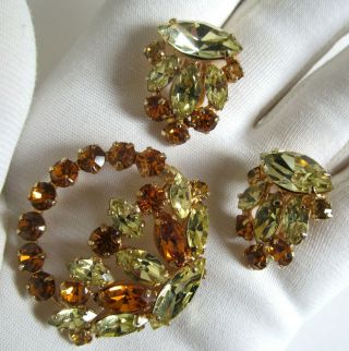 SHERMAN Vintage Backet Brooch And Clips Set With Citrine And Honey Yellow Stone 2