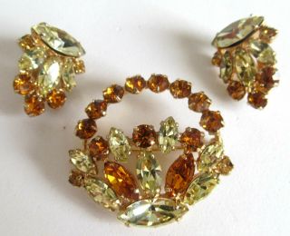 SHERMAN Vintage Backet Brooch And Clips Set With Citrine And Honey Yellow Stone 3