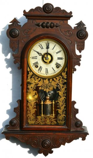 Vintage Antique Walnut Kitchen Wall Hanging Clock With Alarm / Scarce