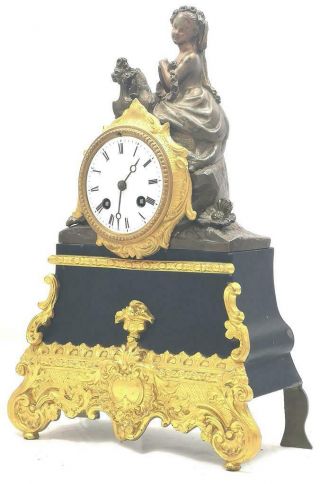 Exceptional Antique French 8 Day Gilt Metal Bell Striking Figural Mantle Clock