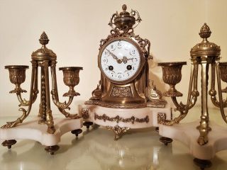 French Louis Xvi Style Bronze And Marble Mantel Clock Garniture.