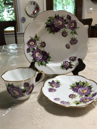 Vintage Salisbury “Eventide” Tea Cup & Saucer Plate Trio Purple Flower Scalloped 2