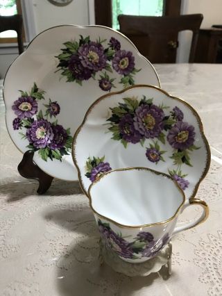 Vintage Salisbury “Eventide” Tea Cup & Saucer Plate Trio Purple Flower Scalloped 3