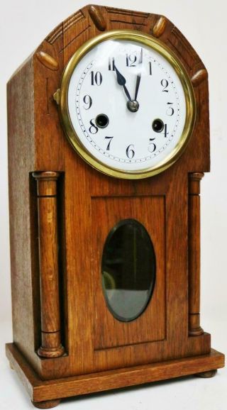 Antique German Arts & Crafts 8 Day Carved Oak Gong Striking Mantel Clock
