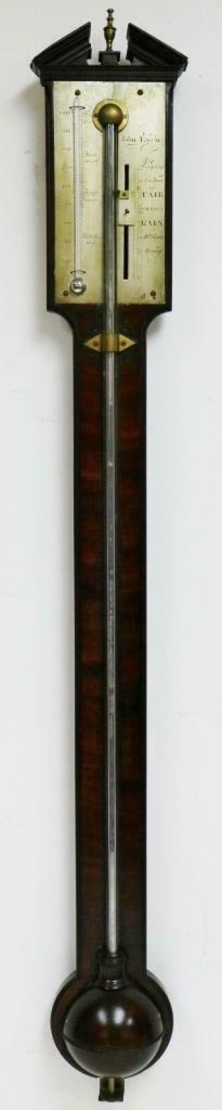 Antique English Solid Mahogany Stick Wall Barometer By John Ewen,  Silvered Dial