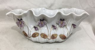 Antique 19thc German Porcelain Lily Pad Form Vase W/ Applied Flowers