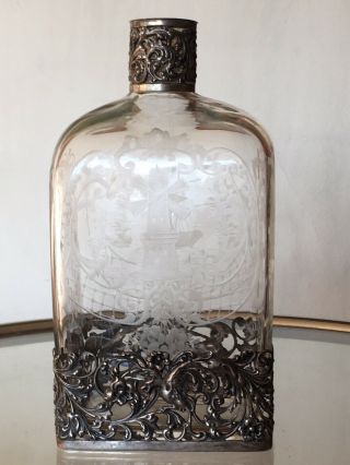 Antique Etched Glass Decanter 830 Silver Holland Ship Windmill
