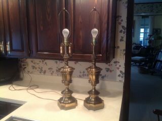 Pair Vintage Stiffel Brass Lamps W/ Stickers Urn Shape Mid - Century