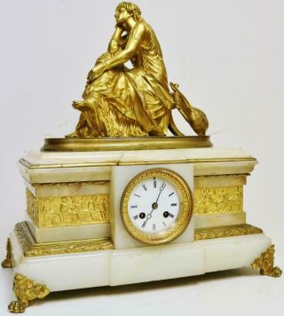 Antique French 8 Day Solid Marble & Ormolu Lady Figure Striking Mantel Clock